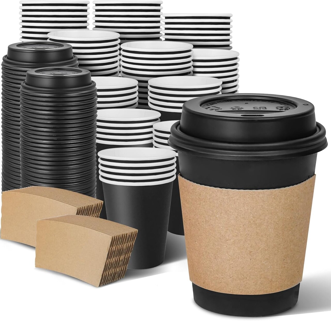 Disposable Paper Coffee Cups with Lids and Sleeves, Heat-Resistant Leak-Proof Black To Go Paper Cups for Hot Coffee, Cocoa, Chocolate and Espresso